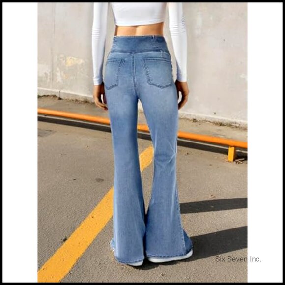 High Waisted Bell Bottom Bootcut Jeans Stretch Flare Y2K Retro Chic - Picture 3 of 7